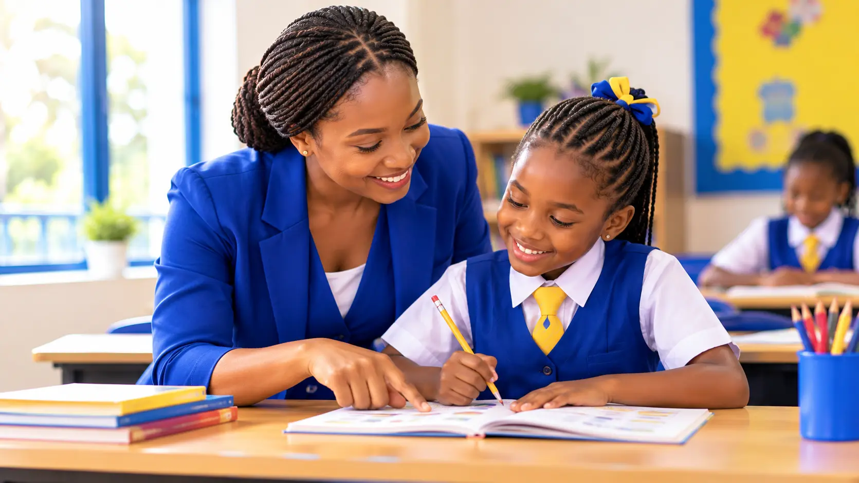 A teacher supporting a pupil in class